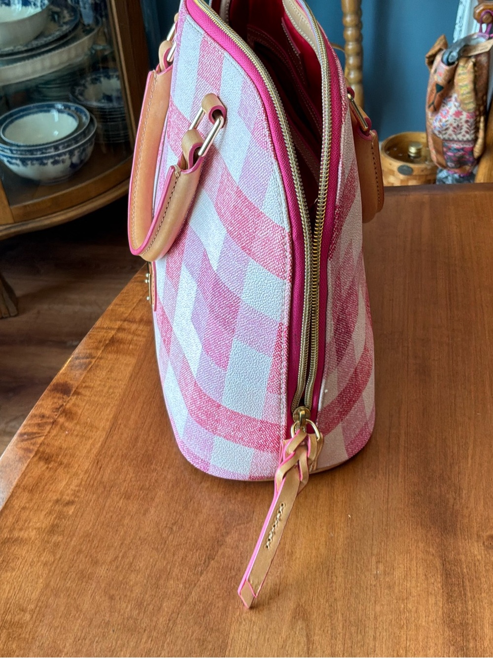 Dooney & Bourke Pink Quadretto Gingham Plaid Zip Zip Satchel - Picture 8 of 13